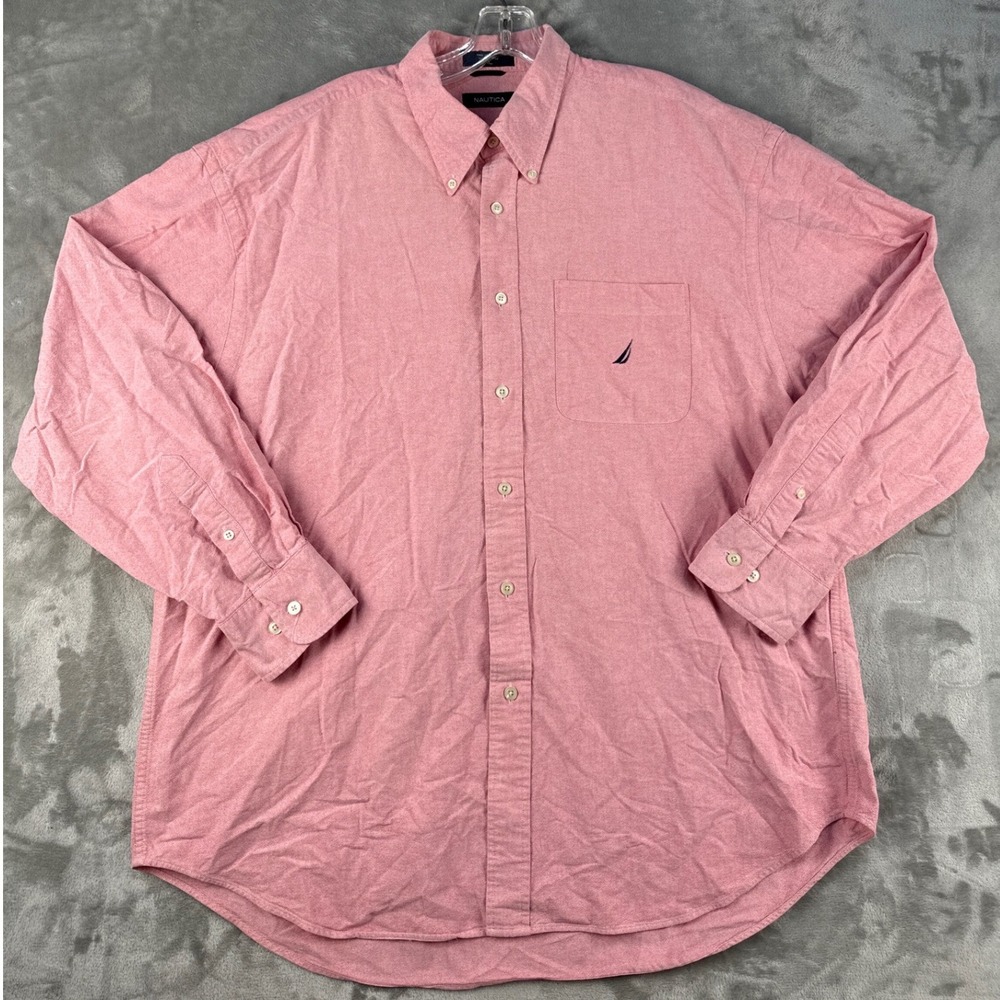 Nautica Mens XL Salmon Pink Cotton Oxford Long Sleeve Button Down Shirt Logo
